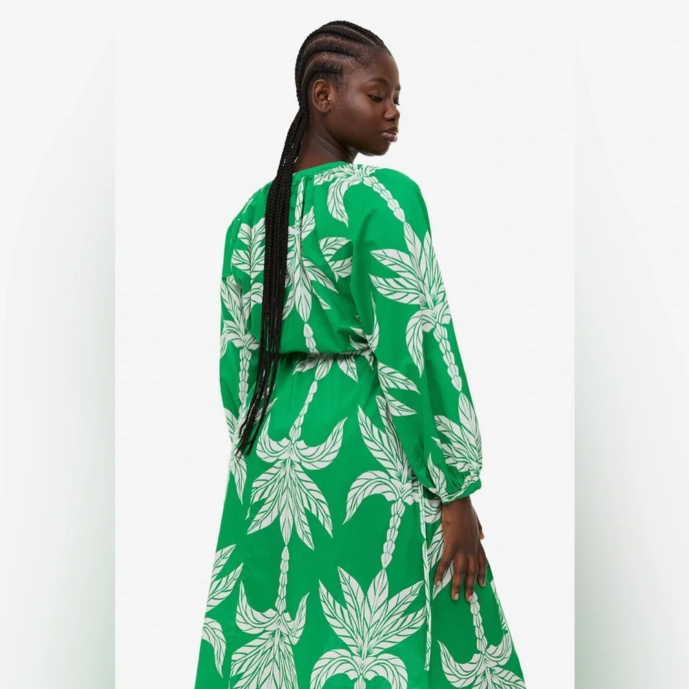 H&M Tie-detail Knee-length Tropical Print Dress Sz Small 100% Cotton - Picture 2 of 7